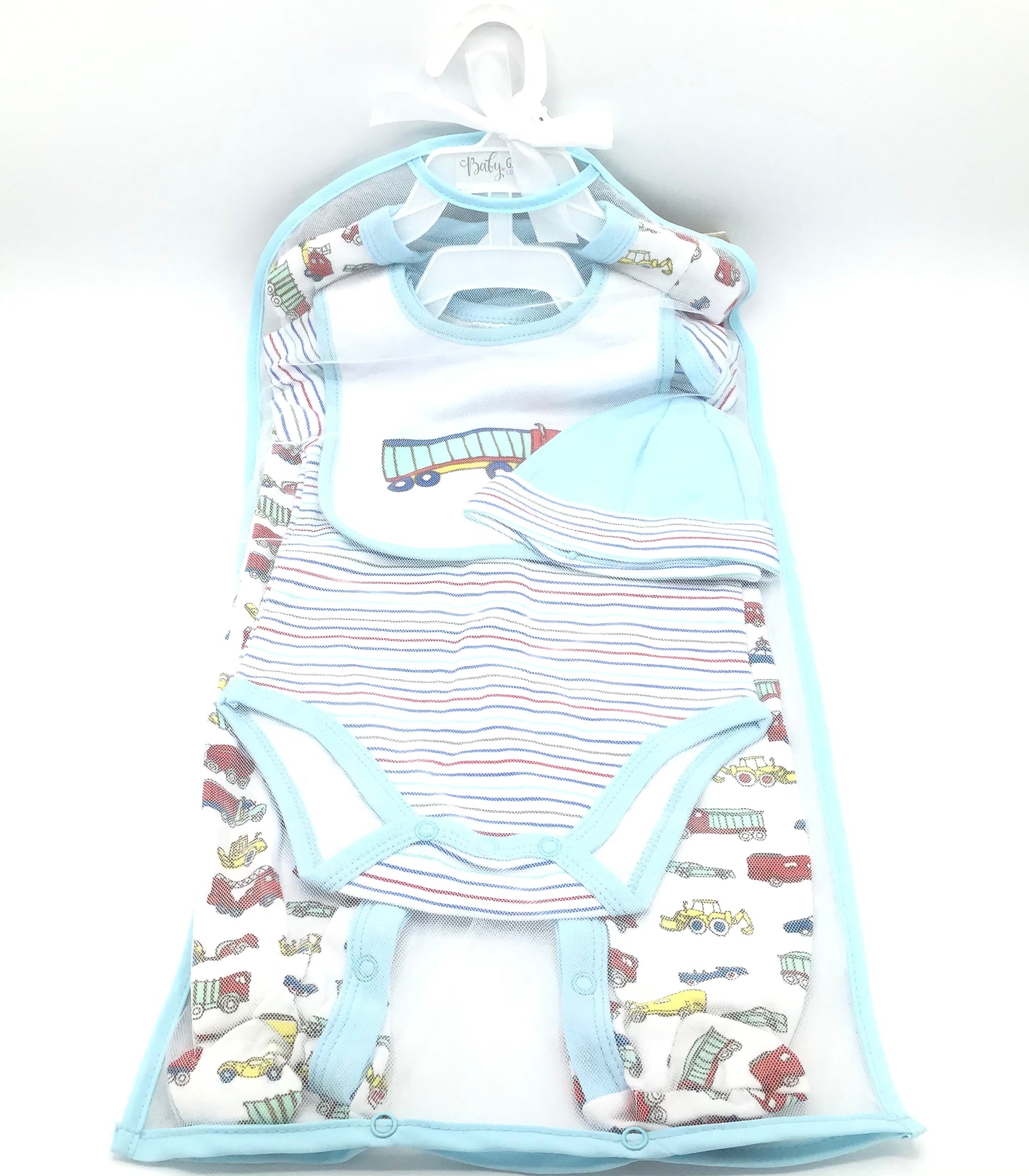 Four piece layette set with trucks.